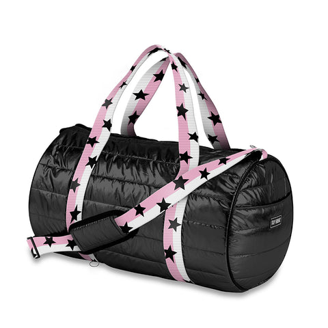Black Puffer Duffle Bag Pink White Split Star Straps