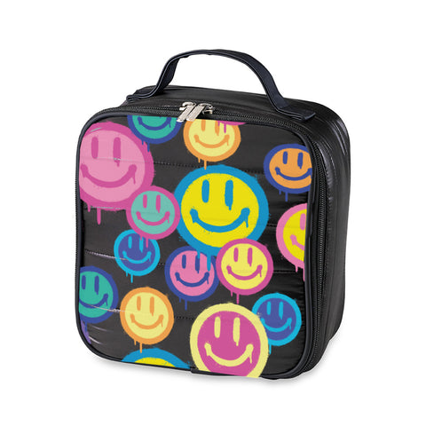 Black Puffer Insulated Lunch Box With Spray Happy Print
