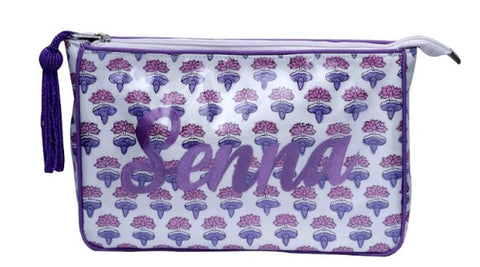 Large white and purple print cosmetic bag
