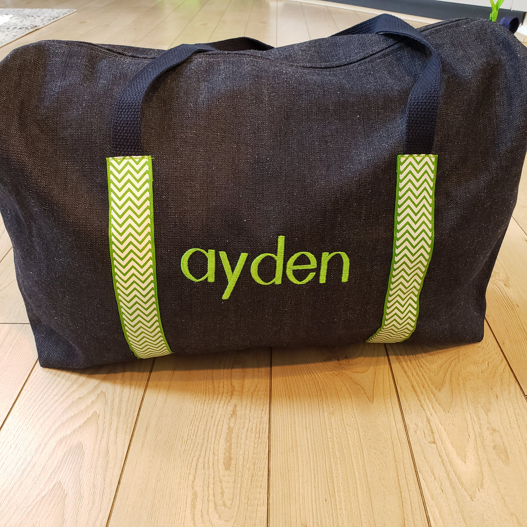 ayden Denim Duffle with lime straps