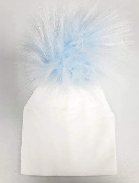 White and Baby Blue Pompom Cotton Hat