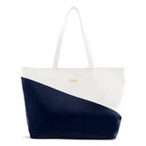 Large Navy Blue & White Faux Leather Color Block Tote Bag