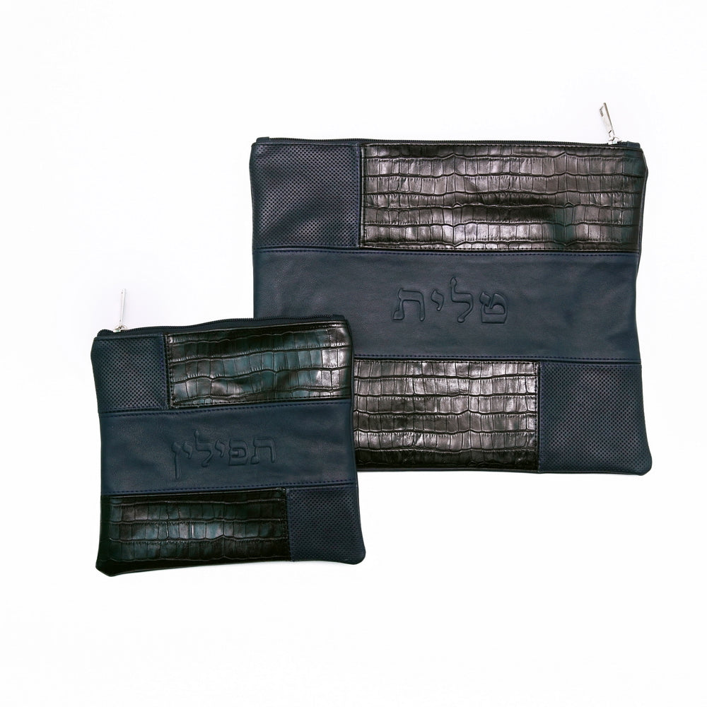 Dotted Blue/Black Crocodile/Solid Blue Tallis/Tefillin bag