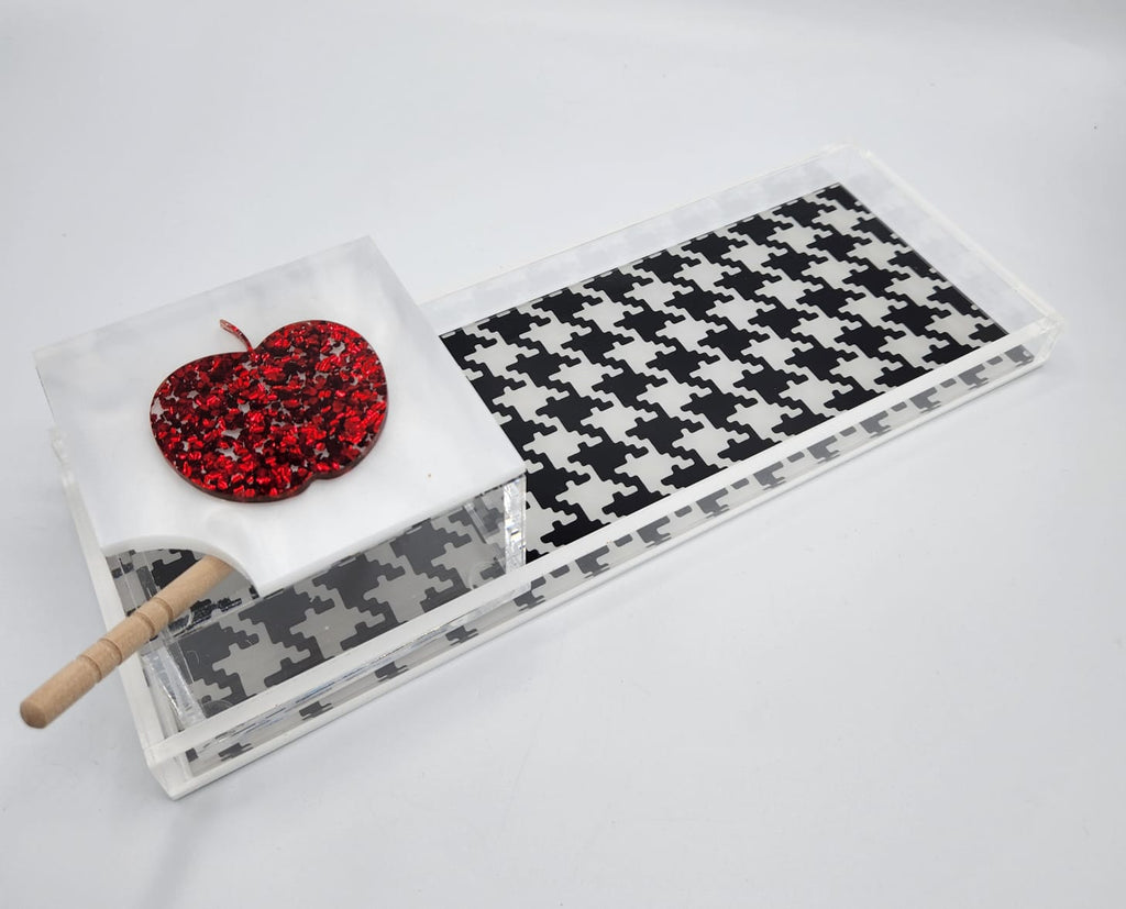 Black and White Houndstooth Apple Tray with Chunky Red Sparkle Apple Honey Jar