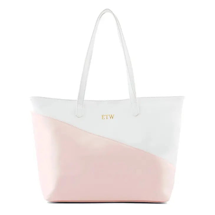 Large Blush Pink & White Faux Leather Color Block Tote Bag